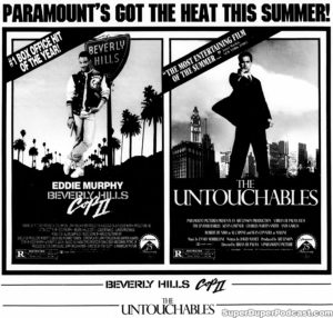 BEVERLY HILLS COP II/THE UNTOUCHABLES- Newspaper ad. Caped Wonder Stuns City! August 10, 1987.