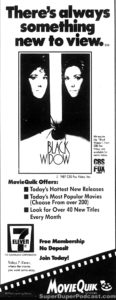 BLACK WIDOW- Home video ad. August 21, 1987. Caped Wonder Stuns City!