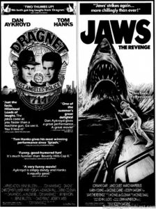 DRAGNET/JAWS THE REVENGE- Newspaper ad. August 10, 1987. Caped Wonder Stuns City!