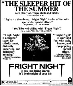 FRIGHT NIGHT- Newspaper ad. August 28, 1985.