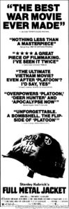 FULL METAL JACKET- Newspaper ad. August 8, 1987. Caped Wonder Stuns City!