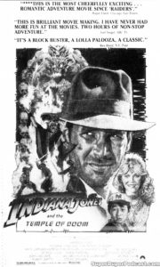 INDIANA JONES AND THE TEMPLE OF DOOM- Newspaper ad.
August 3, 1984.