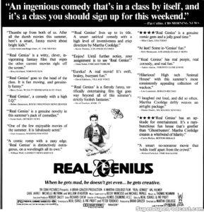 REAL GENIUS- Newspaper ad. August 27, 1985. Caped Wonder Stuns City!