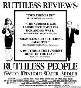 RUTHLESS PEOPLE- Newspaper ad. August 26, 1986.