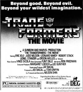 TRANSFORMERS THE MOVIE- Newspaper ad. August 24, 1986. Caped Wonder Stuns City!