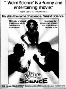 WEIRD SCIENCE- Newspaper ad. August 24, 1985. Caped Wonder Stuns City!