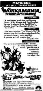 WILLY WONKA AND THE CHOCOLATE FACTORY- Newspaper ad. August 8, 1971. Caped Wonder Stuns City!