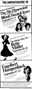 BETTE MIDLER- Newspaper ad. September 10, 1973. Caped Wonder Stuns City!