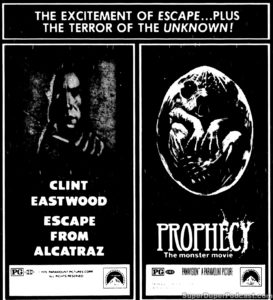 ESCAPE FROM ALCATRAZ/THEPROPHECY- Newspaper ad. September 28, 1979. Caped Wonder Stuns City!