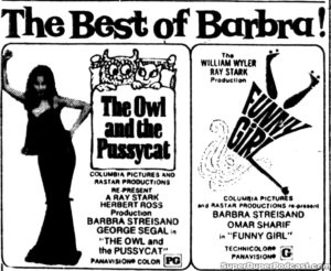 FUNNY GIRL/THE OWL AND THE PUSSYCAT- Newspaper ad. September 2, 1973. Caped Wonder Stuns City!