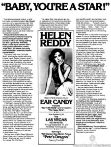 HELEN REDDY- Newspaper ad. September 11, 1977. Caped Wonder Stuns City!