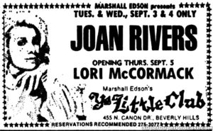 JOAN RIVERS- Newspaper ad. September 5, 1974. Caped Wonder Stuns City!