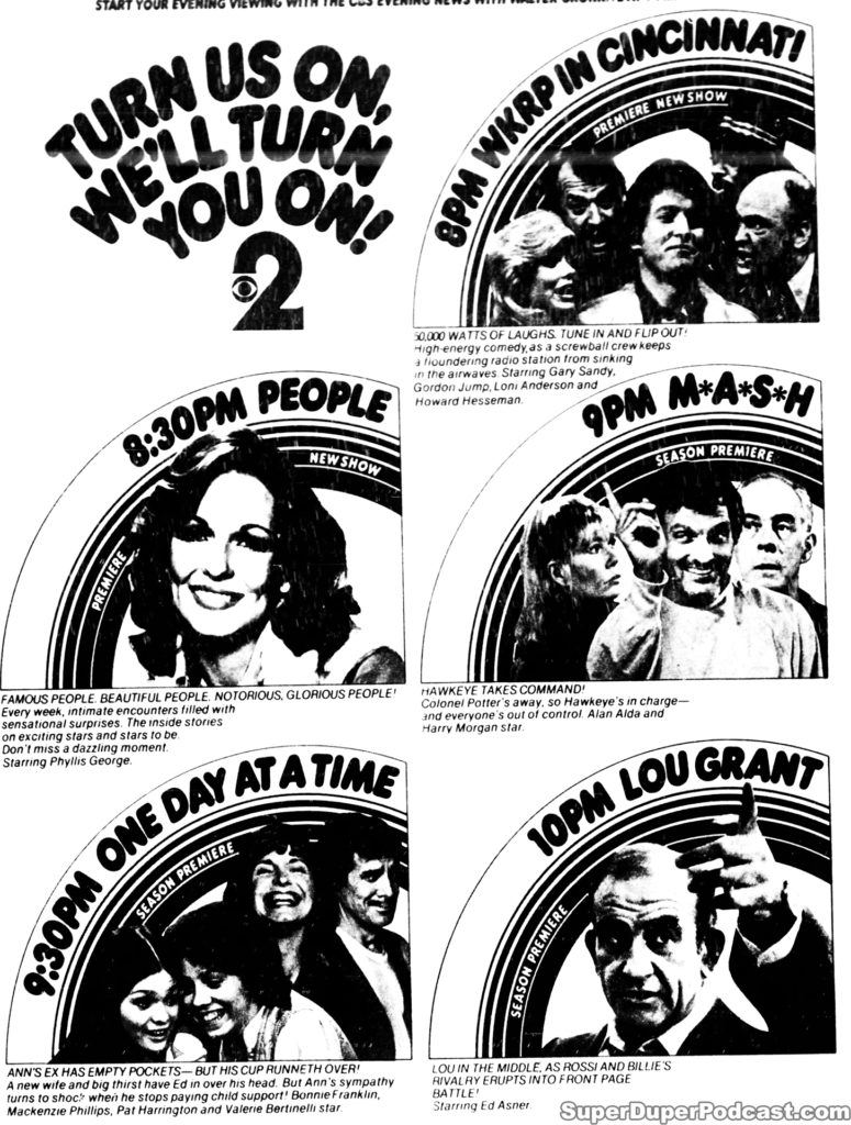 MASH/WKRP IN CINCINNATI/ONE DAY AT A TIME/LOU GRANT- Television guide ad. September 18, 1978. Caped Wonder Stuns City!