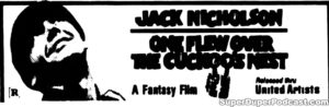 ONE FLEW OVER THE CUCKOO'S NEST- Newspaper ad. September 29, 1978.