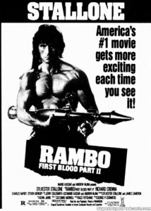 RAMBO FIRST BLOOD PART II- Newspaper ad. August 31, 1985. Caped Wonder Stuns City!