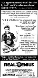 REAL GENIUS- Newspaper ad. September 2, 1985. Caped Wonder Stuns City!