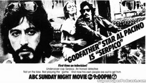 SERPICO- Television guide ad. September 21, 1975. Caped Wonder Stuns City!