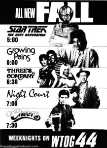 STAR TREK THE NEXT GENERATION GROWING PAINS THREES COMPANY NIGHT COURT CHEERS- Television guide ad. September 25, 1989. Caped Wonder Stuns City!