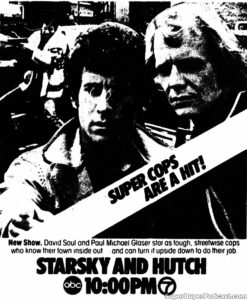 STARSKY & HUTCH- Television guide ad. September 17, 1975. Caped Wonder Stuns City!