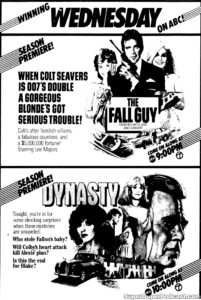 DYNASTY/FALL GUY- Newspaper ad. October 27, 1982. Caped Wonder Stuns City!