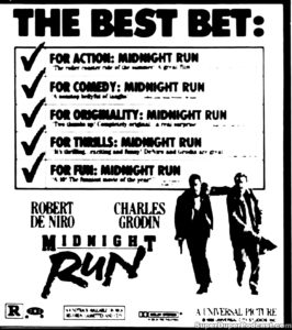 MIDNIGHT RUN- Newspaper ad.
October 3, 1988.
Caped Wonder Stuns City!