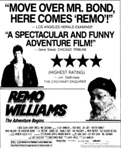 REMO WILLIAMS... THE ADVENTURE BEGINS- Newspaper ad. October 31, 1985.