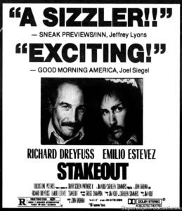 STAKEOUT- Newspaper ad. October 15, 1987.