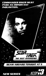 STAR TREK THE NEXT GENERATION season 1, episode 5, The Last Outpost Newspaper ad. October 25, 1987. Caped Wonder Stuns City!