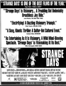 STRANGE DAYS- Newspaper ad. October 28, 1995. Caped Wonder Stuns City!