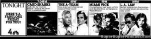 THE A-TEAM/MIAMI VICE- Television guide ad. November 7, 1986.