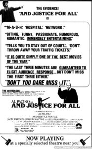 AND JUSTICE FOR ALL- Television guide ad. November 19, 1979.