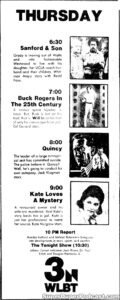 BUCK ROGERS IN THE 25TH CENTURY/QUINCY/KATE LOVES A MYSTERY/SANFORD & SON- television guide ad. November 1, 1979. Caped Wonder Stuns City!