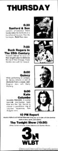 BUCK ROGERS IN THE 25TH CENTURY/QUINCY/SANFORD & SONS/KATE LOVES A MYSTERY- Television guide ad.
October 25, 1979.