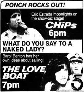 CHIPS/THE LOVE BOAT- Television guide ad. November 13, 1984. Caped Wonder Stuns City!