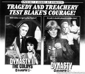 DYNASTY/THE COLBYS- Television guide ad. November 27, 1985. Caped Wonder Stuns City!