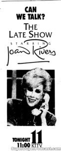 JOAN RIVERS- Television guide ad. November 10, 1986. Caped Wonder Stuns City!