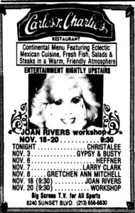 JOAN RIVERS- Newspaper ad. November 18, 1986. Caped Wonder Stuns City!