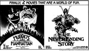 THE MUPPETS TAKE MANHATTAN/THE NEVERENDING STORY- Newspaper ad. November 26, 1984. Caped Wonder Stuns City!