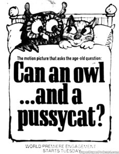 THE OWL AND THE PUSSYCAT- Newspaper ad. November 1, 1970. Caped Wonder Stuns City!