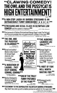 THE OWL AND THE PUSSYCAT- Newspaper ad. November 13, 1970. Caped Wonder Stuns City!