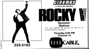 ROCKY V- Television guide ad. November 21, 1991. Caped Wonder Stuns City!