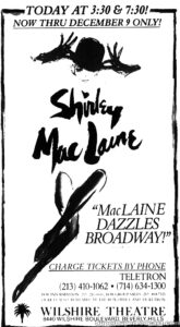 SHIRLEY MACLAINE- Newspaper ad. November 18, 1984. Caped Wonder Stuns City!