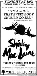 SHIRLEY MACLAINE- Newspaper ad. November 9, 1984.