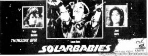 SOLARBABIES- Television guide ad. November 23, 1989. Caped Wonder Stuns City!