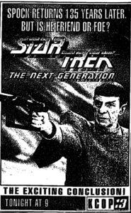 STAR TREK THE NEXT GENERATION season 5, episode 8, Unification Part II, television guide ad. November 13, 1991. Caped Wonder Stuns City!