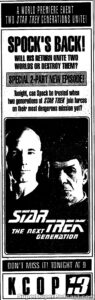 STAR TREK THE NEXT GENERATION, season 5, episode 7, Unification Part I, television guide ad. November 6, 1991.