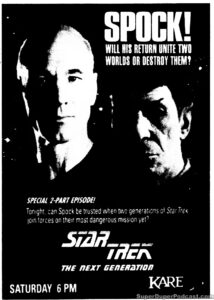 STAR TREK THE NEXT GENERATION season 5, episode 7, Unification Part I, television guide ad. November 8, 1991.