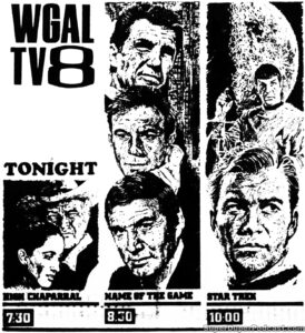 STAR TREK THE ORIGINAL SERIES season 3, episode 11, Day of the Dove, television guide ad. November 1, 1968. Caped Wonder Stuns City!