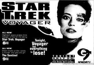 STAR TREK VOYAGER season 4, episode 11, Concerning Flight, television guide ad. November 26, 1997. Caped Wonder Stuns City!