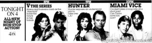 V THE SERIES/HUNTER/MIAMI VICE- Television guide ad. November 2, 1984.